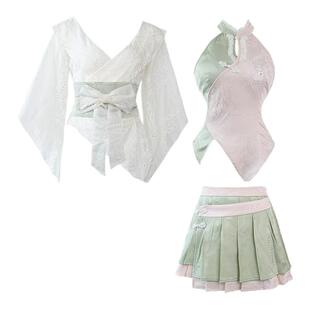 少女椰子角色系 杏花微雨 夏季新中式套装背心上衣+半裙+防晒开衫