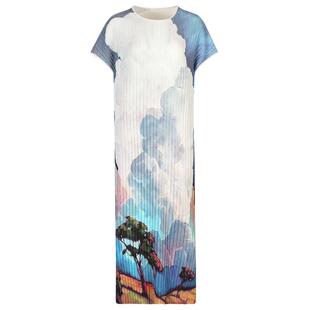 【非遗染色】粉蓝衣橱商场同款2026夏新款东方诗艺印花压褶连衣裙