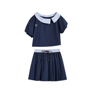 紫涵斜领露肩短袖卫衣抽绳收腰百褶短裙两件套装女2026年夏季新款