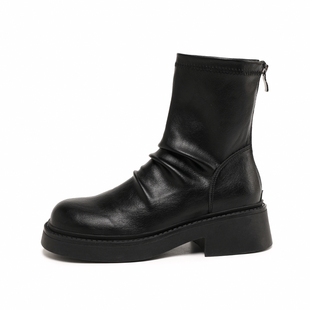 真皮!皱褶堆堆马丁靴女秋冬加绒厚底弹力瘦瘦短靴大码女靴41到43