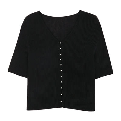 MSLAN春夏珍珠扣弹力V领针织开衫