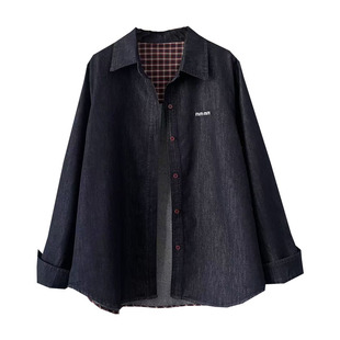 春季复古刺绣红扣子宽松牛仔衬衫女翻领长袖防褪色普洗蓝外套衬衣