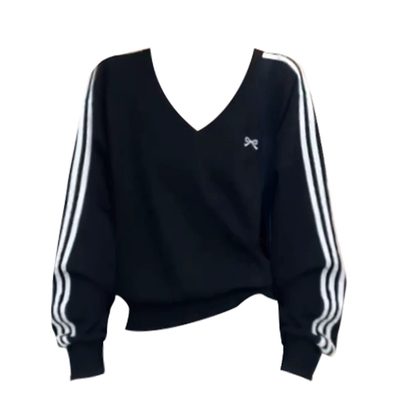 DAIZZE~美式复古V领三条杠蝴蝶结黑色卫衣宽松显瘦休闲运动上衣女