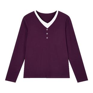 紫色正肩v领长袖t恤女2026新款春季爆款内搭可外穿上衣加绒打底衫