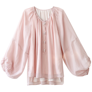 江南范粉色真丝新中式现代轻汉服女中国风汉元素通勤唐装改良上衣