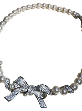 轻奢澳白珍珠蝴蝶结满钻锁骨链