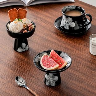 创意咖啡杯碟陶瓷高脚点心盘手绘日式 餐厅下午茶情侣家用水杯餐具