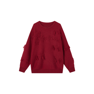 Jamor加墨时尚套头红色喜庆毛针织衫2025秋冬新款简约毛衣流苏款