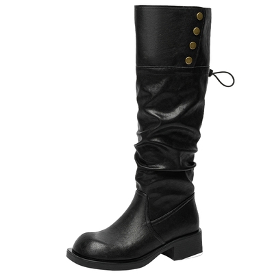 戈美其粗跟方头褶皱时装靴