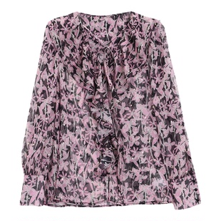 芭依璐2026春装法式碎花V领长袖雪纺衬衫荷叶边绑绳设计百搭上衣