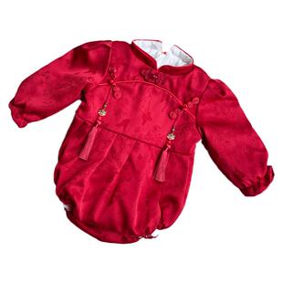 女宝宝周岁礼服夏季新款短袖包屁百日宴中式连体衣抓周红色国风