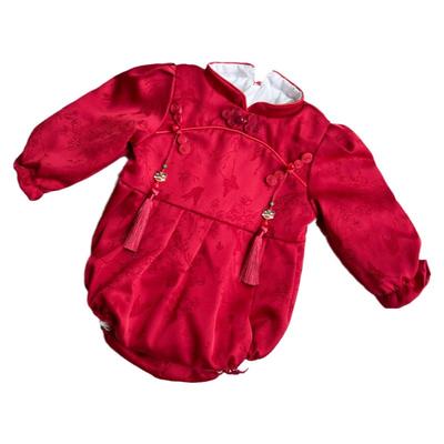 女宝宝周岁礼服夏季新款短袖包屁百日宴中式连体衣抓周红色国风