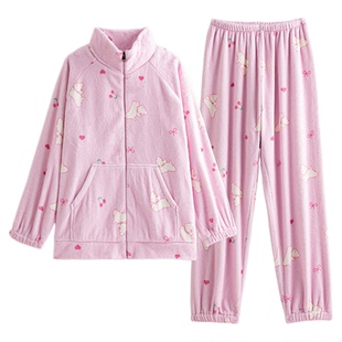 紫色花语珊瑚绒睡衣女款冬加厚可外穿立领拉链保暖甜美防风家居服