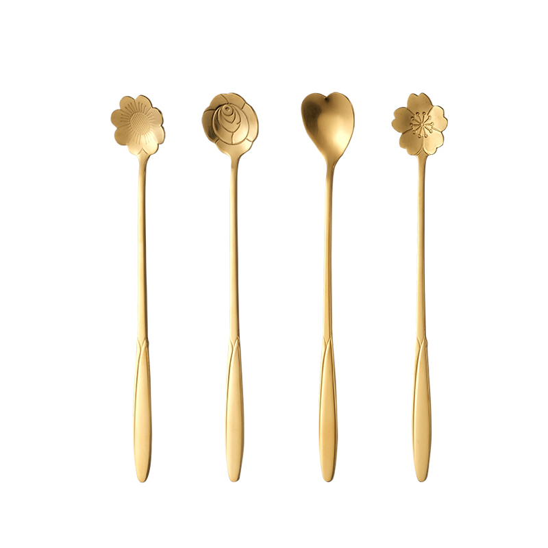 不锈钢创意花瓣咖啡勺韩式长柄搅拌家用爱心花朵金色甜品勺子短款