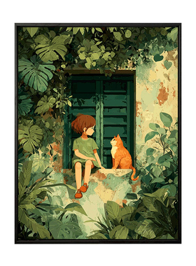 绿藤漫窗女孩猫咪数字油画