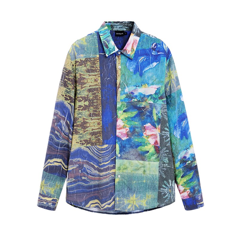 Desigual26秋冬新品撞色油画满印宽松长袖男式衬衫