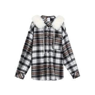 TurnSignal时尚大毛领连帽格子衬衫外套女加厚秋冬休闲宽松外套冬