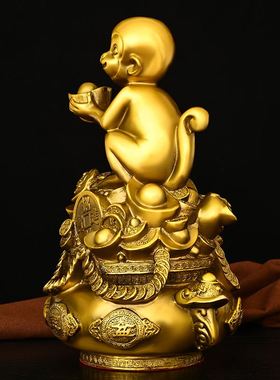 新疆包邮金猴献宝铜猴子摆件纯铜聚宝盆福袋猴客厅办公室象上封猴