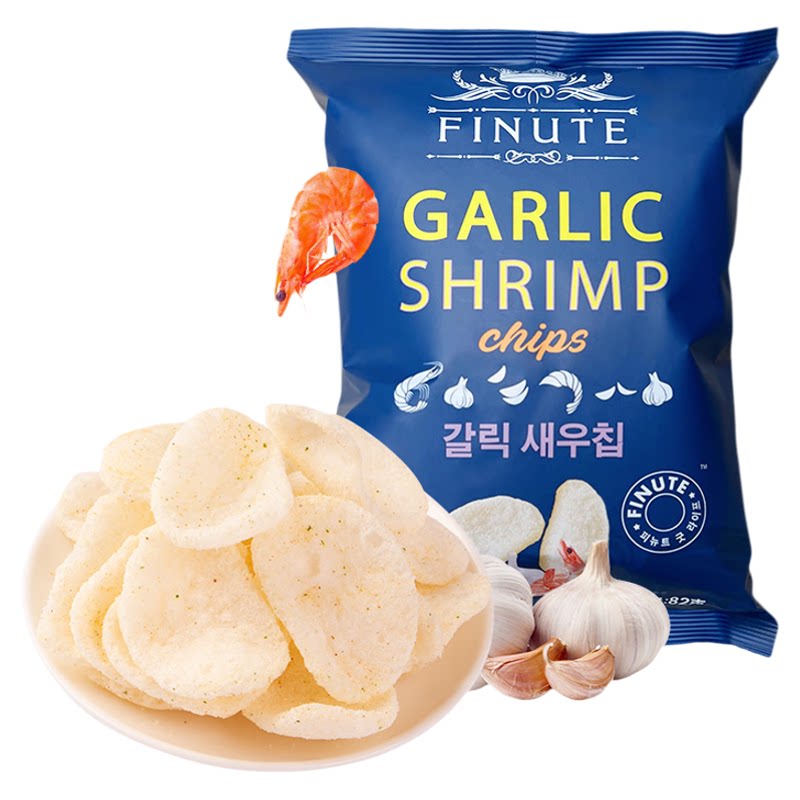进口韩国趣莱福网红休闲膨化零食小吃蒜味鲜虾片香脆薯片大礼包