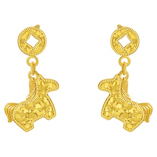 潮港福18K金马上有钱耳钉 女纯银碎碎冰铜钱生肖马耳饰黄金碎碎金