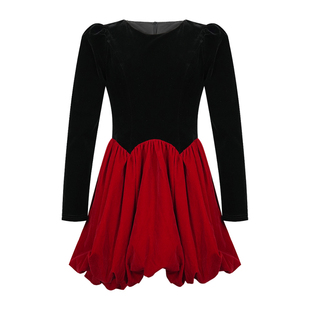 法式名媛御姐感拼色长袖花苞裙新款收腰显瘦千金风约会连衣裙女装