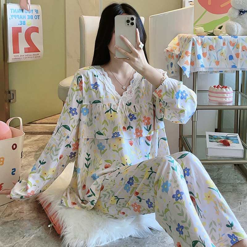 棉绸睡衣女夏季薄款防凸点长袖长裤宽松人造棉套装大码春秋家居服