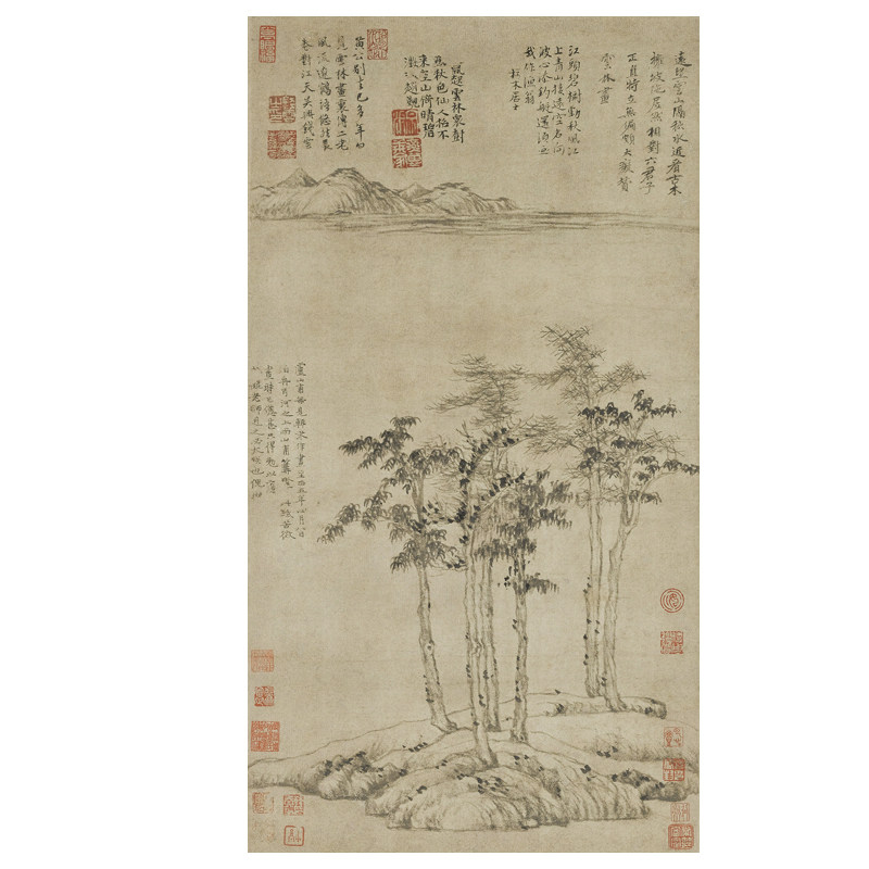 元倪瓒六君子图字画新中式客厅书房装饰画卷轴装裱画玄关字画画芯