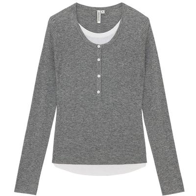 美特斯邦威毛衫女2025秋季新款假两件圆领纯色修身舒适百搭长袖