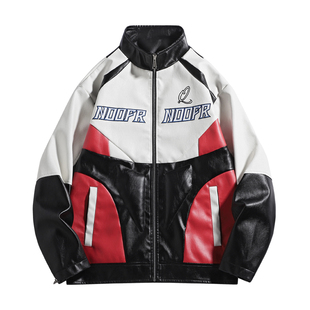 DORA WASSUP机车夹克男女款春季宽松街头赛车服立领撞色皮衣外套