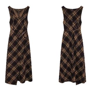 贰羊设计【栀一】美拉德复古格纹V领背心连衣裙女不规则修身长裙