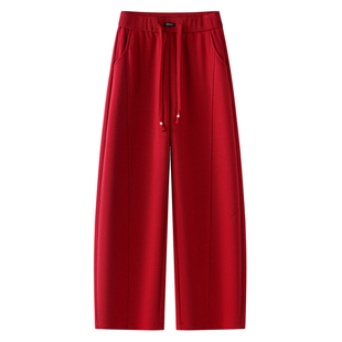 红色弯刀裤子女2026新款春秋季加长休闲运动裤宽松阔腿镰刀裤卫裤