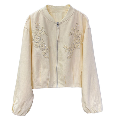 宽松钉珠亚麻休闲棒球服短外套