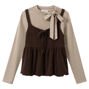 快乐兽 绑带蝴蝶结假两件波点针织内搭长袖女甜美木耳边叠穿上衣
