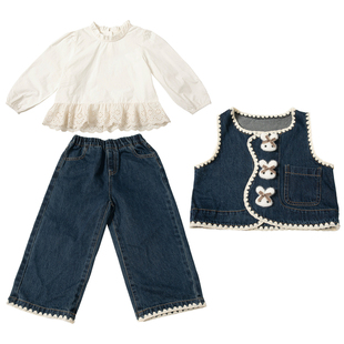 女童套装春秋季2026新款早春洋气穿搭儿童春装宝宝牛仔马甲三件套