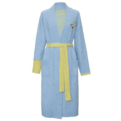 OBEG欧碧倩秋冬时尚撞色毛织开衫中长款收腰外套10421075