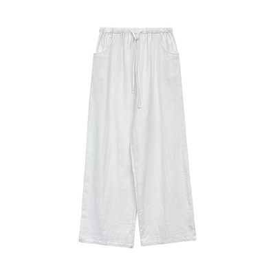 老钱风亚麻抽绳白色长裤