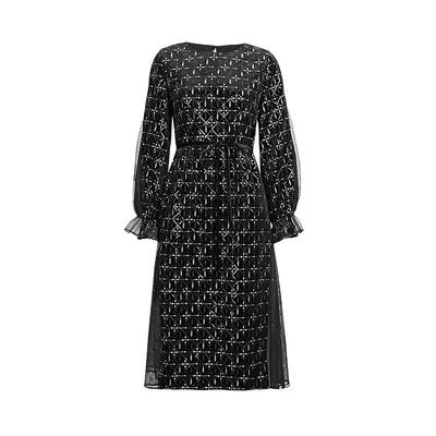 sdeer优雅格纹收腰网纱连衣裙