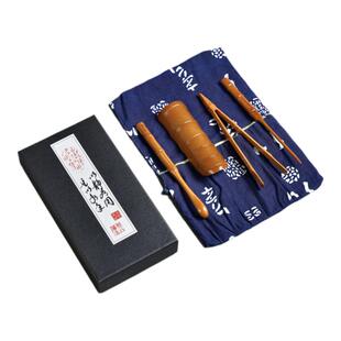 竹雪明|台湾名家廖壹男 步步高升茶则四件套深色孟宗竹茶道六君子