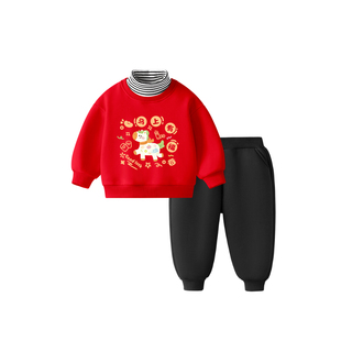 过年衣服男童红色卫衣加绒2026马年新款套装拜冬年服喜庆风儿童