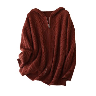 喜羊羊厚重770g纯山羊绒拉链连帽外套菱格麻花中长款气质开衫复古