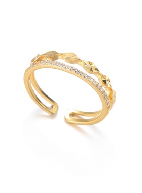 空麟银锆石双层波浪纹银镀金戒指女轻奢镶钻小众开口可调节戒指