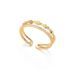 空麟银锆石双层波浪纹银镀金戒指女轻奢镶钻小众开口可调节戒指