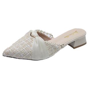 法式粗跟包头半托鞋女2026春夏新款小香风尖头配裙子温柔半拖鞋潮