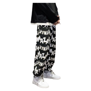 大码300斤ins潮宽松裤子男字母满印美式休闲oversize直筒裤女卫裤