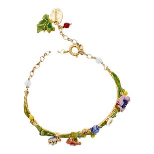 小众清新时尚珐琅彩水晶虞美人花朵花苞藤蔓金属瓢虫半手镯手链女