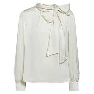 DPLAY2025年秋季新款通勤白色衬衫女立领绑带缎面小衫长袖上衣