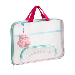 三年二班 透明网纱撞色文件袋拉链式学科收纳袋学生手提轻便收纳包手提补习袋补课考试专用试卷分类袋科目袋