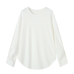 Basic House/百家好纯色弧形下摆T恤秋冬显瘦宽松拼接袖正肩上衣