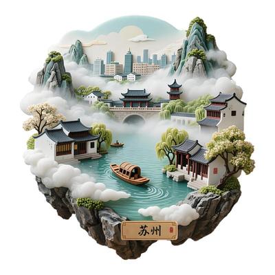 苏州园林金属浮雕磁贴立体冰箱贴