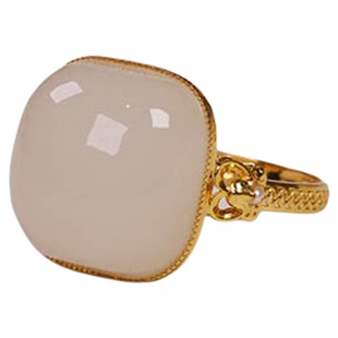 双十一特惠天然和田玉戒指女藕粉白玉方形镶嵌18k金指环a货送老婆